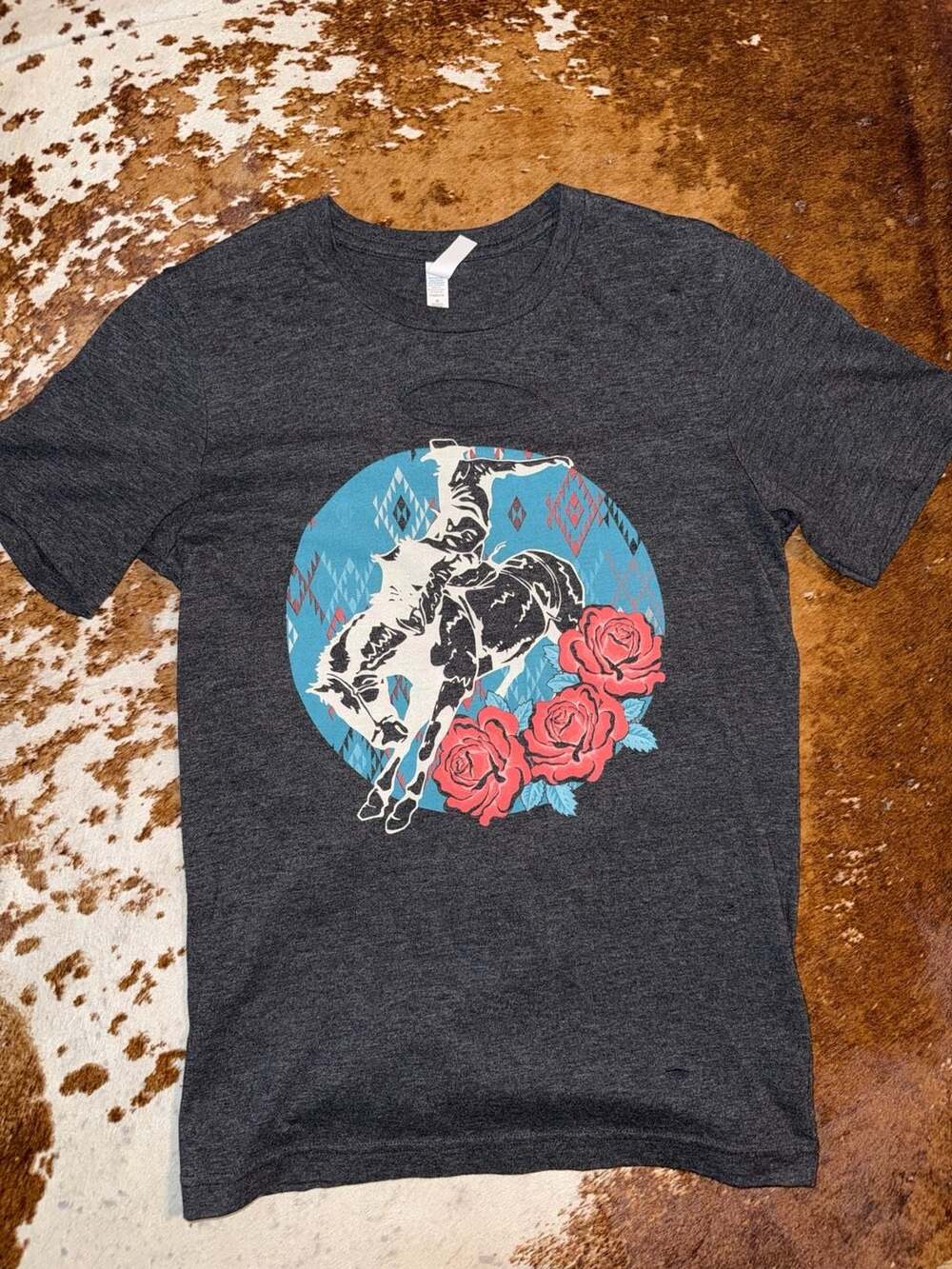 Bella+Canvas Cowboy Bucking Horse Rose Graphic T-Shirt Size S